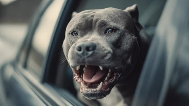 Happy strong pitbull dog enjoying a car ride with its head out the window on a sunny day