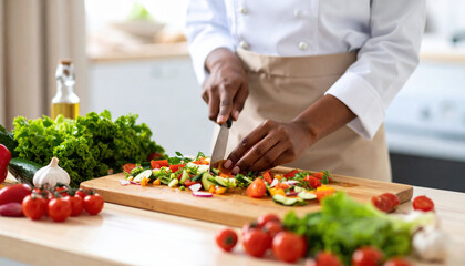 Chef nimble fingers, adorned with white apron, deftly carve colorful vegetables on wooden cutting board, surrounded by fresh produce, creating vibrant culinary scene