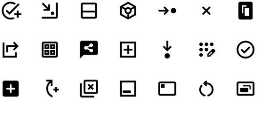 Black vector icons grid for Windows icon bar, featuring plus sign, arrows, chat bubble with arrows, and scroll indicator on white background