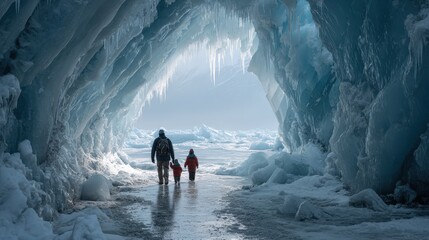 A caring man and a curious child walking together through an enchanting tunnel of ice shimmering with natural light