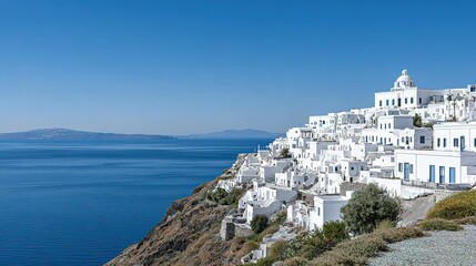 Panoramic view of a whitewashed village nestled on a cliff overlooking the sea.