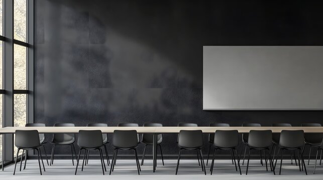 Meeting room with long table and blank whiteboard.