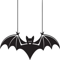Obraz premium A black silhouette of a bat hanging from two strings with a smiling face on a white background