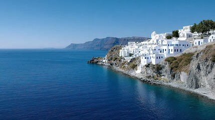 Coastal village nestled on a cliffside, overlooking a serene ocean.