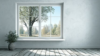 Tranquil room with a window overlooking a serene landscape.