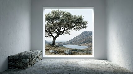 Tranquil interior scene with a view of a landscape.