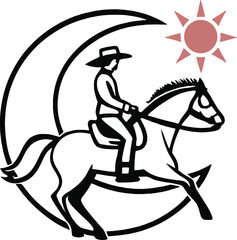 Dynamic cowboy on a galloping horse with a moon and sunburst. Great for western decals, logos, and outdoor adventure themes.