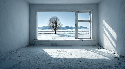 Snowy winter landscape viewed through a window in an abandoned room.