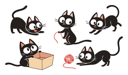 Funny Black Cat Cartoon Characters in Multiple Poses with Toys and Box for Creative Pet Illustrations and Digital Art