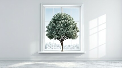 Winter scene through a window, featuring a snow-covered tree.