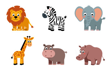 Set of Cute Cartoon Safari Animals Including Lion, Zebra, Elephant, Giraffe, Hippopotamus and Rhinoceros on Transparent Background for Kids Graphics