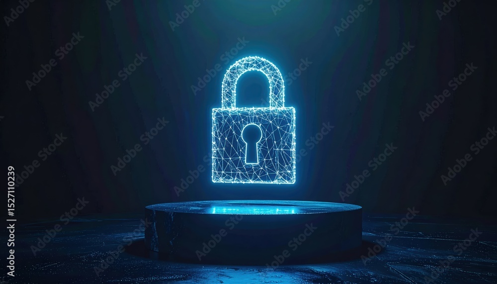 Poster digital laser light lock symbol with shining holographic security icon representing data protection 