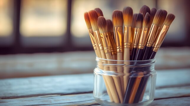 Paintbrushes in a glass jar on a wooden surface.