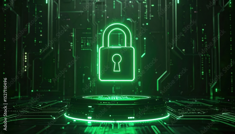 Poster futuristic digital security concept with glowing green padlock symbol on virtual circuit board backg