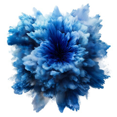 Intense blue powder explosion centered on a clean white background with no shadow, isolated and vibrant, perfect for abstract art, color splash effects, creative visuals, and energetic design themes