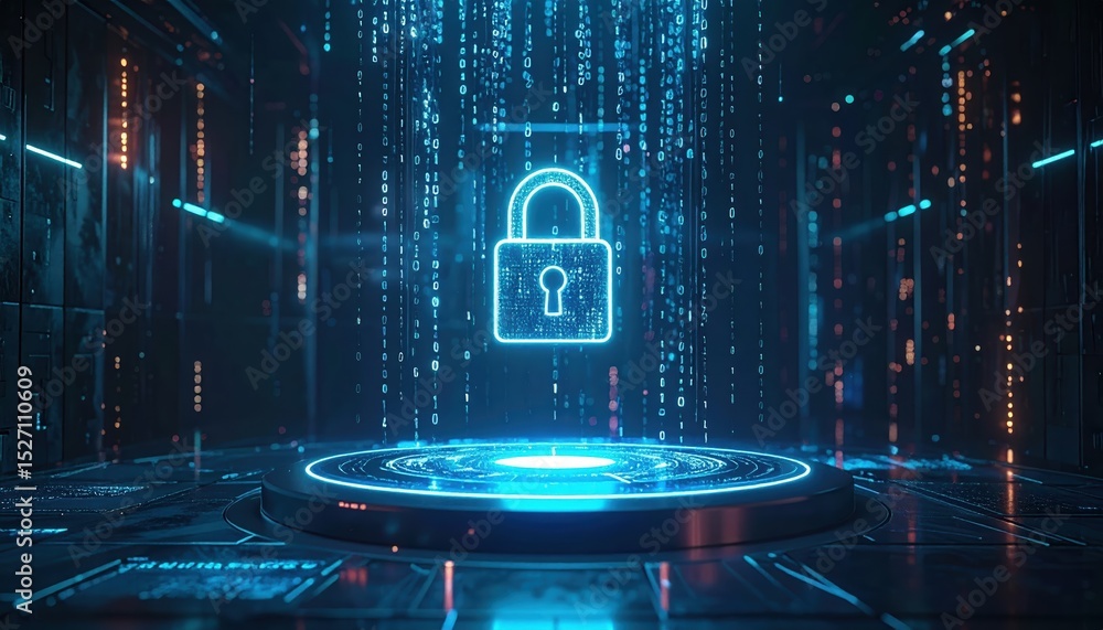 Poster advanced digital security concept with glowing padlock symbol in futuristic cyberspace environment w