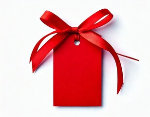 Red gift tag with red ribbon isolated on white