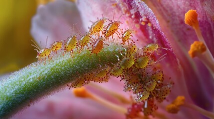 Close-Up View of Tiny Insects on Flower Stem in Nature