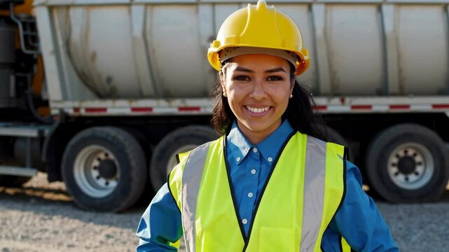 portrait of smiling hispanic female engineer on site with truck wearing hard hat