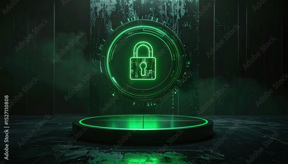 Poster futuristic digital security concept illustrating a glowing green lock icon surrounded by digital dat