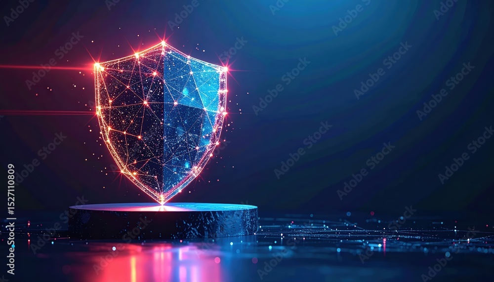 Poster futuristic glowing shield representing digital security technology with illuminated geometric networ