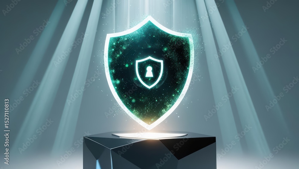 Poster digital security shield hologram with glowing effects representing data protection cybersecurity and