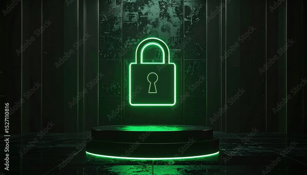 Poster modern neon green illuminated lock symbol hologram glowing on a dark metallic stage with futuristic 