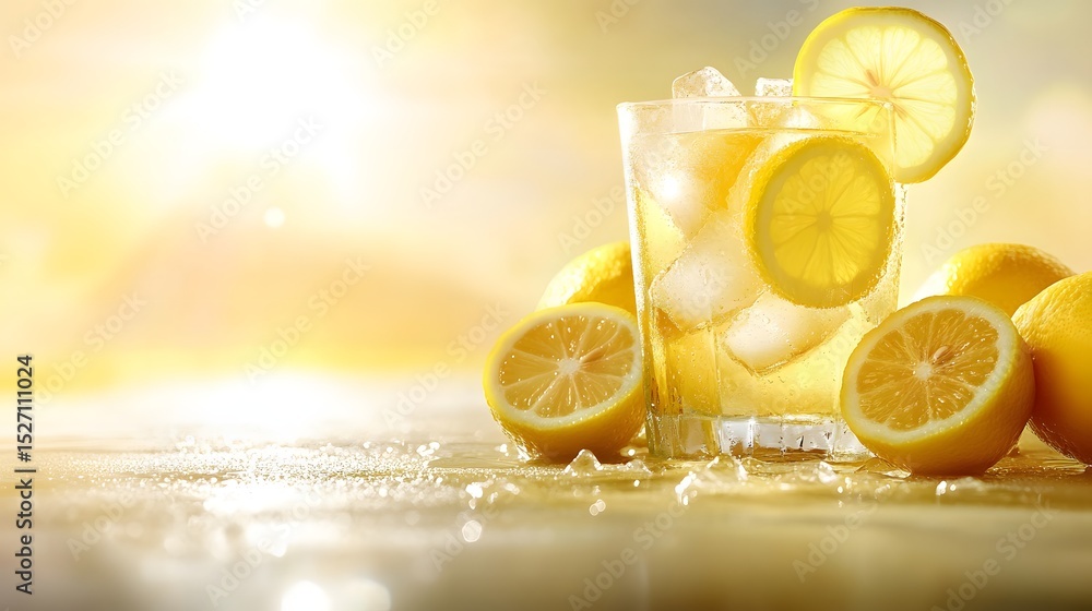 Poster refreshing lemonade with ice and lemon slices.