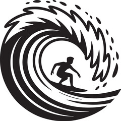 Obraz premium Silhouette of surfer riding a wave with splash in black and white minimalist vector illustration