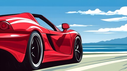 Red sports car on a beach road.