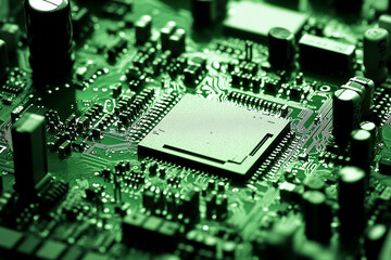 A detailed close up of a green computer circuit board with microchips visible