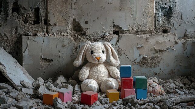 The remains of a home: toy blocks and a stuffed bunny amid the ruins of war, soft colors on grey background