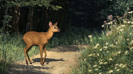 Young Fawn Standing on Pathway Surrounded by Wildflowers and Trees