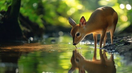 Small Deer Drinking Water at Stream in Lush Green Forest Setting