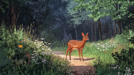 Tender Fawn in a Serene Forest Clearing Surrounded by Wildflowers