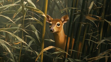 Young Deer in Lush Greenery Behind Tall Grasses in Forest Scene