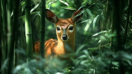 Serene Young Deer Among Lush Green Bamboo Forest Landscape