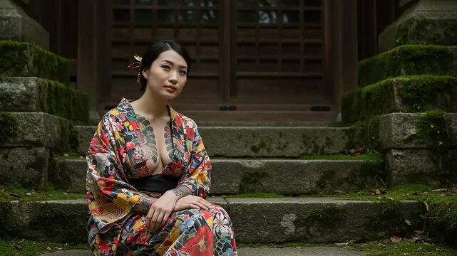 Woman in traditional Japanese clothing sitting on stone steps