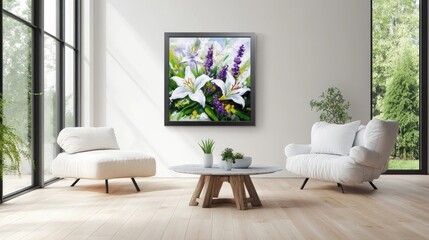 Serene floral scene of lily and lavender within a modern gray frame