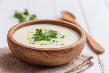 creamy soup in rustic bowl garnished with fresh herbs and drizzle of olive oil