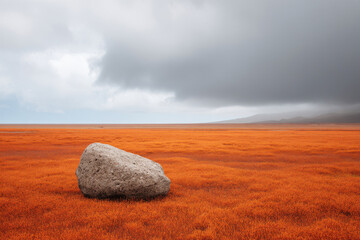 vast lava field in ethiopia under dramatic storm clouds emphasizing solitary lava stone on clean ultrabright