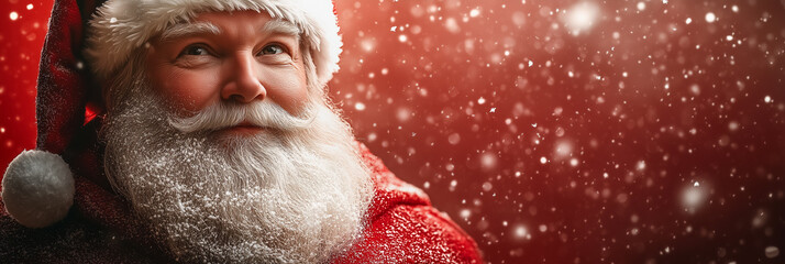 Jolly Santa Claus with white beard and red hat in snowfall on red banner background