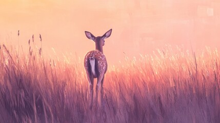 Fawn in a Serene Meadow at Sunset with Soft Pastel Hues