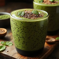 Delicious matcha smoothie, garnished with mint and chocolate nibs, ready to enjoy.
