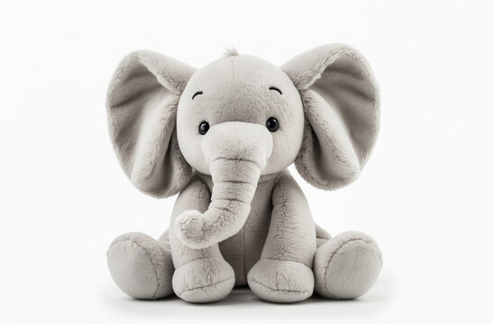A cute, plush gray elephant toy with big ears and a trunk, sitting front-facing on a clean white background. - Powered by Adobe