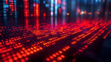 A vibrant futuristic landscape with glowing red lights and digital patterns