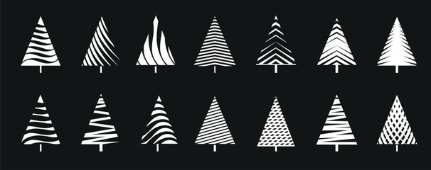 Set of White Christmas Tree on black background. Vector Illustration and Icons