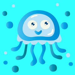 Jellyfish icon. Sea cartoon creature. Vector marine symbol. Happy blue character.