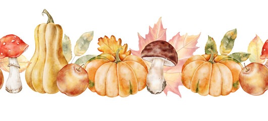 Watercolor border with autumn leaves and forest mushrooms isolated on white. Bright seasonal design with boletus and fly agaric. Perfect for postcards, packaging or fall greeting cards.