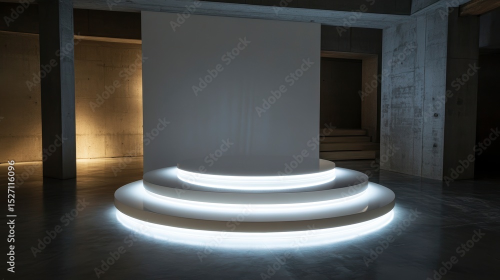 Poster modern minimalist circular platform with glowing edges in a contemporary gallery setting.